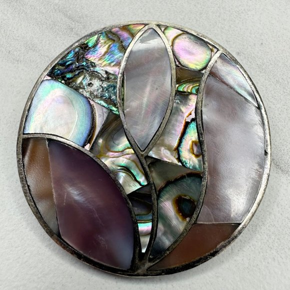 Vintage Mexico Alpaca Silver Tone Abalone Mother of Pearl Brooch Pin Pendant - Picture 1 of 8